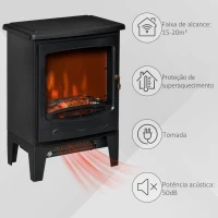 HOMCOM Lareira Elétrica Portátil Potência 900/1800W com Efeito de Chama Realista Termostato Ajustável e Proteção contra Superaquecimento até 20m² 39x26x54,8cm Preto(m-6)