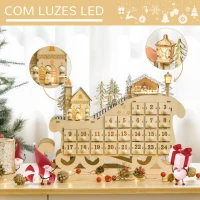 HOMCOM Calendário de Advento de Natal com Luzes LED e 24 Gavetas Decoração de Natal Modelo de Trenó 45x10x31cm Madeira Natural(m-5)