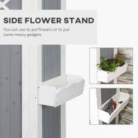 Magazie de Gradina Outsunny cu 2 Etajere, Masuta Pliabila si Jardiniera Laterala, din Lemn de Brad cu Acoperis din Bitum, 132x50x184cm, Gri(m-7)