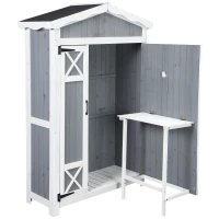 Magazie de Gradina Outsunny cu 2 Etajere, Masuta Pliabila si Jardiniera Laterala, din Lemn de Brad cu Acoperis din Bitum, 132x50x184cm, Gri(m-1)