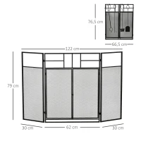 HOMCOM Frente para Lareira Dobrável Proteção para Lareira de 3 Painéis com Dupla Porta 4 Ferramentas e Gancho Estrutura de Metal 122x2x79cm Preto(m-3)