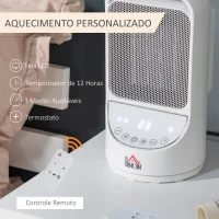 HOMCOM Aquecedor Cerâmico Portátil 2 Níveis de Potência 750W/1500W com Controle Remoto Temporizador de 12h 3 Modos de Aquecimento e Oscilação de 45° Silenciosa Ø15x28cm Branco(m-7)