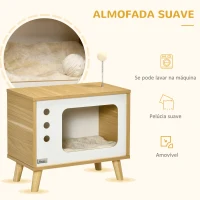 PawHut Mesa Auxiliar Casa para Gatos Estilo Televisor com Almofada Suave Lavável Bola e Pés Elevados 50x28x43cm Carvalho(m-5)