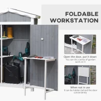 Magazie de Gradina Outsunny cu 2 Etajere, Masuta Pliabila si Jardiniera Laterala, din Lemn de Brad cu Acoperis din Bitum, 132x50x184cm, Gri(m-9)