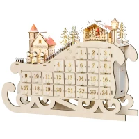 HOMCOM Calendario dell'Avvento in Legno a Forma di Slitta con 24 Cassetti da Riempire, Decorazioni e Luci a LED, 45x10x31cm(m-10)