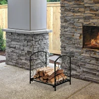 Outsunny Suporte para Lenha Metálico Porta Lenha Exterior e Interior com Grade e Base Elevada Carga Máxima 50kg 39,5x31,5x39,5cm Preto(m-7)