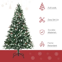 HOMCOM 6ft Snow-Dipped Artificial Christmas Tree w/ Red Berries Metal Base Home Season Decoration Holiday Elegant Traditional(m-4)