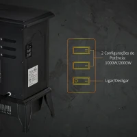 HOMCOM Lareira Elétrica Portátil 1000/2000W com Simulação de Chama Termostato Ajustável e Proteção de Superaquecimento para Salas de até 25m² 36,5x24x41,5cm Preto(m-5)