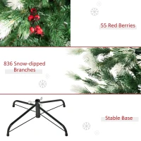 HOMCOM 6ft Snow-Dipped Artificial Christmas Tree w/ Red Berries Metal Base Home Season Decoration Holiday Elegant Traditional(m-7)