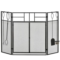 HOMCOM Frente para Lareira Dobrável Proteção para Lareira de 3 Painéis com Dupla Porta 4 Ferramentas e Gancho Estrutura de Metal 122x2x79cm Preto(m-11)
