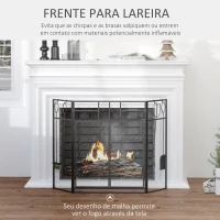 HOMCOM Frente para Lareira Dobrável Proteção para Lareira de 3 Painéis com Dupla Porta 4 Ferramentas e Gancho Estrutura de Metal 122x2x79cm Preto(m-4)