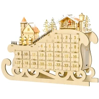 HOMCOM Calendário de Advento de Natal com Luzes LED e 24 Gavetas Decoração de Natal Modelo de Trenó 45x10x31cm Madeira Natural(m-11)