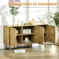 HOMCOM Buffet de rangement placard de cuisine commode 3 portes avec étagères porte cannage style bohème - 150 x 39,5 x 79 cm(m-4)