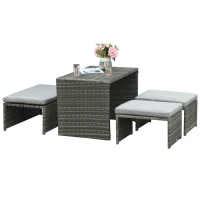 Outsunny 3-in-1 Rattan Lounge Set Doppelsofa Gartentisch mit 2 Hocker Liegesessel Loungegruppe multifunktion kombinierbar Stahl Grau(m-11)