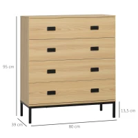 HOMCOM Commode 4 tiroirs meuble de rangement design industriel piètement métal noir 80 x 39 x 95 cm naturel(m-3)