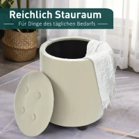 HOMCOM Sitzhocker mit Stauraum, Fußhocker, Polsterhocker, Aufbewahrungsbox, Deckel Abnehmbar, Leinen, Cremeweiß, Ø30 x 40H cm(m-5)