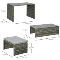 Outsunny 3-in-1 Rattan Lounge Set Doppelsofa Gartentisch mit 2 Hocker Liegesessel Loungegruppe multifunktion kombinierbar Stahl Grau(m-3)