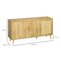 HOMCOM Buffet de rangement placard de cuisine commode 3 portes avec étagères porte cannage style bohème - 150 x 39,5 x 79 cm(m-3)