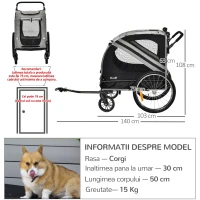 PawHut Carucior pentru animale de companie 2-in-1 Atasament pentru transportul de biciclete cu cadru de otel cu reflectoare universale pentru roti Steag gri(m-3)