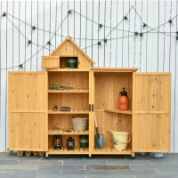 Outsunny Gartenschrank Holz Gartenhaus Gerätehaus Gartenschuppen Doppeltür-Design für den Außenbereich wetterfest 138 x 54,5 x 175 cm Gelb(m-2)