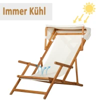 Outsunny Sonnenliege Gartenliege Relaxliege verstellbar Liegestuhl Relaxsessel Gartenmöbel mit Sonnendach Hocker Akazie + Polyester Natur+Weiß 126 x 70 x 94cm(m-6)