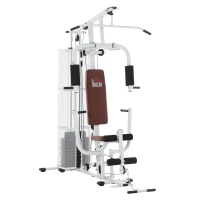 HOMCOM Gym Kraftstation Fitnessstation Multigym Fitnesscenter Fitnessgerät inkl. Gewichten Latzug Beincurl  Metall PU-Kunstleder Weiß 150 x 110 x 210 cm(m-1)