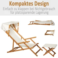 Outsunny Sonnenliege Gartenliege Relaxliege verstellbar Liegestuhl Relaxsessel Gartenmöbel mit Sonnendach Hocker Akazie + Polyester Natur+Weiß 126 x 70 x 94cm(m-5)