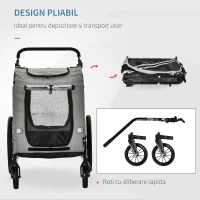 PawHut Carucior pentru animale de companie 2-in-1 Atasament pentru transportul de biciclete cu cadru de otel cu reflectoare universale pentru roti Steag gri(m-5)