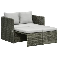 Outsunny 3-in-1 Rattan Lounge Set Doppelsofa Gartentisch mit 2 Hocker Liegesessel Loungegruppe multifunktion kombinierbar Stahl Grau(m-1)