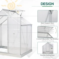 Outsunny 6 x 4 FT Walk-In Greenhouse Polycarbonate Panels Aluminium Frame w/ Sliding Door Adjustable Window 2.5㎡ Inner Area Plant Vegetable Flower Grow Green House Protection(m-4)