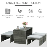 Outsunny 3-in-1 Rattan Lounge Set Doppelsofa Gartentisch mit 2 Hocker Liegesessel Loungegruppe multifunktion kombinierbar Stahl Grau(m-5)