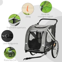 PawHut Carucior pentru animale de companie 2-in-1 Atasament pentru transportul de biciclete cu cadru de otel cu reflectoare universale pentru roti Steag gri(m-6)