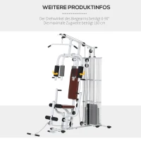 HOMCOM Gym Kraftstation Fitnessstation Multigym Fitnesscenter Fitnessgerät inkl. Gewichten Latzug Beincurl  Metall PU-Kunstleder Weiß 150 x 110 x 210 cm(m-6)