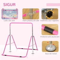 HOMCOM Bara de gimnastica pentru copii, bare orizontale pliabile cu inaltime reglabila, bara de antrenament cu baza triunghiulara, roz(m-5)