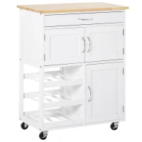 HOMCOM Modern Kitchen Trolley, Rolling Island Storage Cart with Drawer, 9-bottle Wine Rack, Door Cabinets, Wooden Countertop, White(m-1)