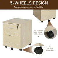 Vinsetto 2-Drawer Locking Office Filing Cabinet w/ 5 Wheels Rolling Storage Hanging Legal Letter Files Cupboard Home Organisation Oak Wood Grain(m-7)