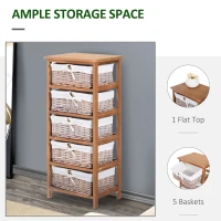 HOMCOM 5 Drawer Dresser Wicker Basket Storage Shelf Unit Wooden Frame Home Organisation Cabinet Bedroom Office Furniture Natural Finish(m-5)