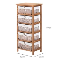 HOMCOM 5 Drawer Dresser Wicker Basket Storage Shelf Unit Wooden Frame Home Organisation Cabinet Bedroom Office Furniture Natural Finish(m-3)