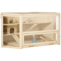 PawHut Casetta per Criceti in Legno a 3 Livelli con Tetto Apribile e Parete Trasparente, 115x60x55cm(m-1)