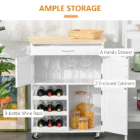 HOMCOM Modern Kitchen Trolley, Rolling Island Storage Cart with Drawer, 9-bottle Wine Rack, Door Cabinets, Wooden Countertop, White(m-4)