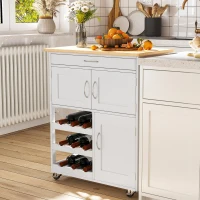 HOMCOM Modern Kitchen Trolley, Rolling Island Storage Cart with Drawer, 9-bottle Wine Rack, Door Cabinets, Wooden Countertop, White(m-10)