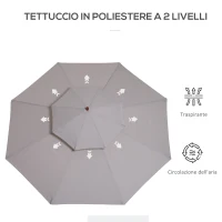 Outsunny Ombrellone Impermeabile Rotondo con Palo Centrale e Camino Antivento, in Legno e Poliestere Grigio, Ø265x264cm(m-5)