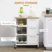 HOMCOM Carucior de bucatarie cu 3 sertare, 2 rafturi deschise si tava detasabila, din MDF si lemn de pin, 67x37x84cm, culoare lemn si alb(m-5)