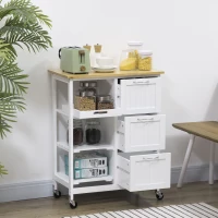 HOMCOM Carucior de bucatarie cu 3 sertare, 2 rafturi deschise si tava detasabila, din MDF si lemn de pin, 67x37x84cm, culoare lemn si alb(m-2)