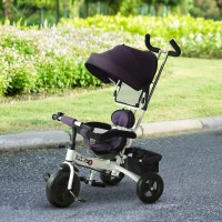 HOMCOM Triciclo para Crianças com Capota de Ferro, Plástico e Tela Cor Roxo e Branco 92x51x110 cm(m-4)