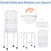 PawHut Gaiola para Passáros com Suporte  com 4 Rodas Portas 4 Comedouros 3 Poleiros e Bandeja Removível 46,5x36x157cm Branco(m-5)