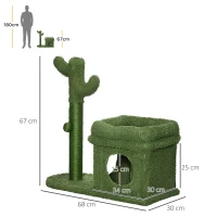 PawHut Árvore Arranhador para Gatos Desenho de Cacto com Cama Casa de Pelúcia Poste de Sisal e Bola Suspensa 68x30x67cm Verde(m-3)