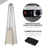 Outsunny Aquecedor a Gás para Exterior Pirâmide 10,5KW Aquecedor de Exterior de Propano Aço Inoxidável com Funda Protetora Regulador Mangueira e Rodas Ø49,5x227cm Prata(m-6)