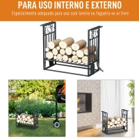 HOMCOM Suporte para Lenhas 75x30x60cm Porta Lenha com Desenho Vintage com 4 Ferramentas Base Elevada Carga Máxima 100kg Aço Preto(m-4)