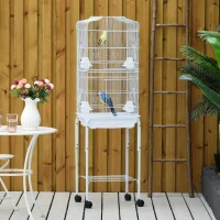 PawHut Gaiola para Passáros com Suporte  com 4 Rodas Portas 4 Comedouros 3 Poleiros e Bandeja Removível 46,5x36x157cm Branco(m-2)